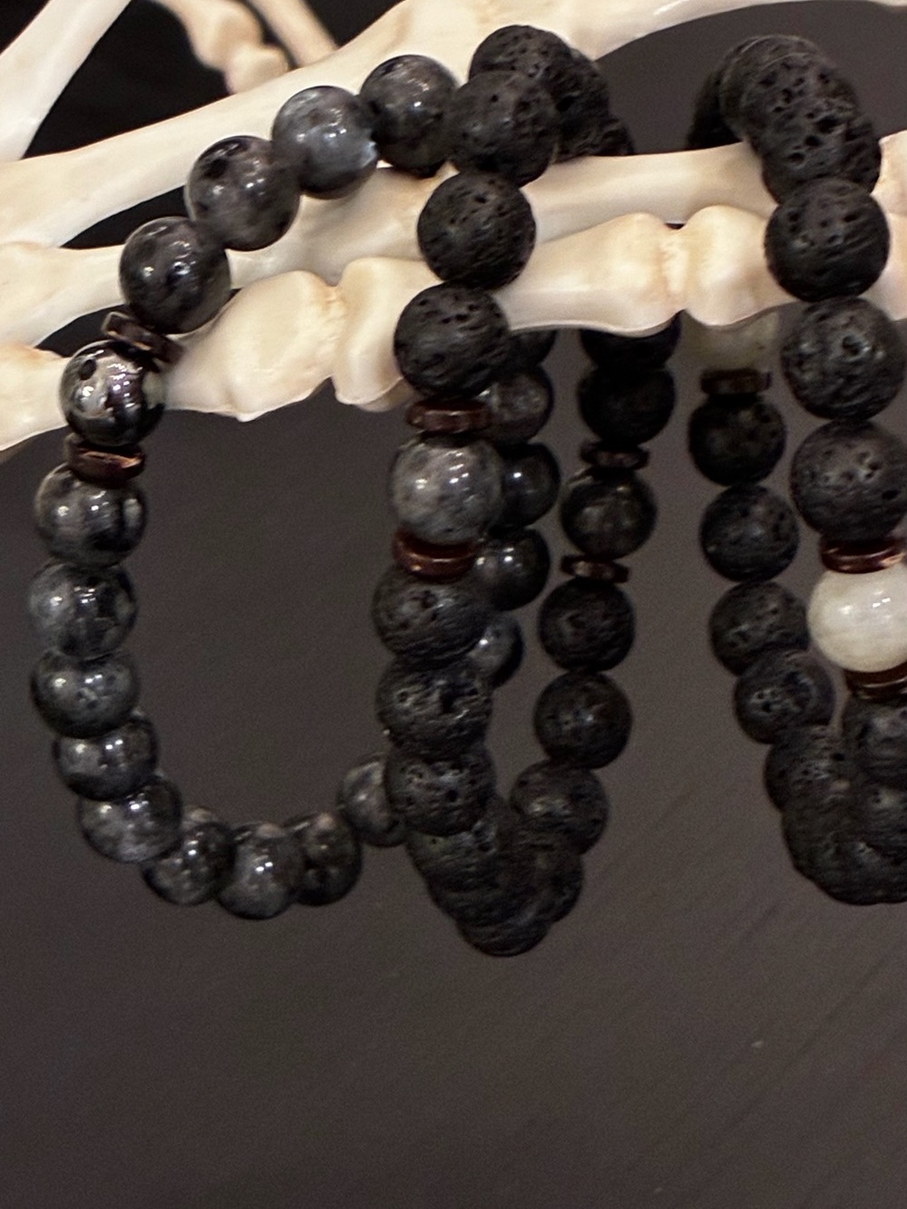 Set3 Men’s Black Lava & Gray Stone Bead Stretch Bracelets - 18.5-19.5cms